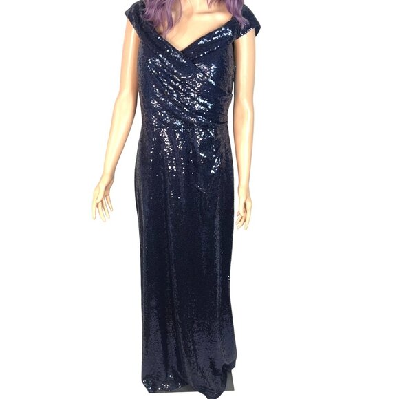 Vintage Marina Navy Blue Sequined Gown Size 12 Off The Shoulder Formal - Picture 9 of 14